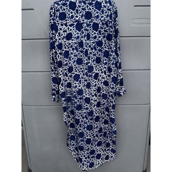 Natalie Martin Indigo Floral Hand-Dyed 100% Silk Kaftan Dress Sz L Double Slit - Picture 8 of 11